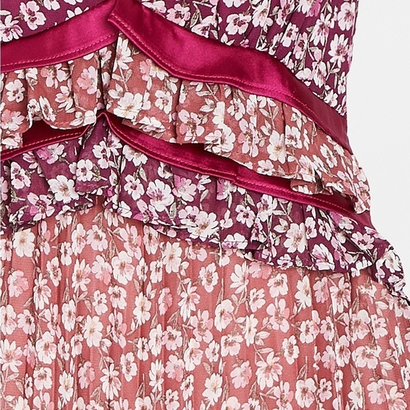 Anthropologie En Saison Red Ditzsy Midi Dress Sz XS Floral Chiffon Pleated Skirt - Picture 14 of 14